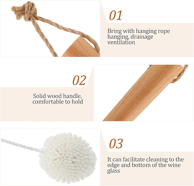 2 Pcs Wine Glass Cleaning Brush Flute and Stemware Brush Non Scratch Foam Bristle Scrubber with Wooden Handles Glass Scrubber for Champagne Flutes Glassware Drinking Cleaner Tool