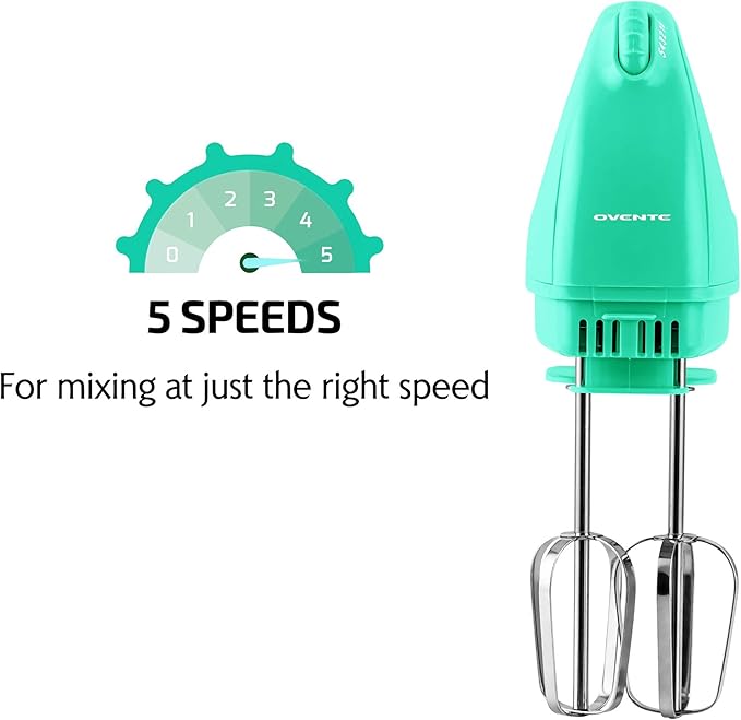 OVENTE Portable Electric Hand Mixer 5 Speed Mixing, 150W Powerful Blender for Baking & Cooking with 2 Stainless Steel Chrome Beater Attachments & Snap Clear Case Compact Easy Storage, Turquoise HM161T