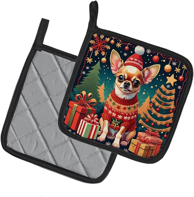 Caroline's Treasures Chihuahua Christmas Pair of Pot Holders Kitchen Heat Resistant Pot Holders Sets Oven Hot Pads for Cooking Baking BBQ, 7 1/2 x 7 1/2