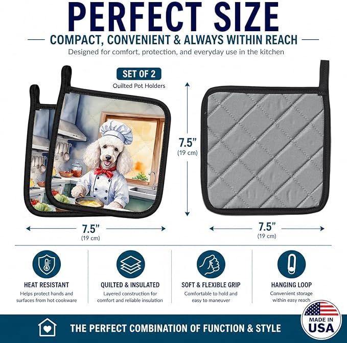 Caroline's Treasures White Poodle The Chef Pair of Pot Holders Kitchen Heat Resistant Pot Holders Sets Oven Hot Pads for Cooking Baking BBQ, 7 1/2 x 7 1/2