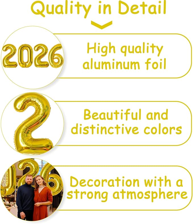 Huge Gold 2026 New Year Balloons 40 Inch 2026 Gold Mylar Foil Helium Number Balloons Christmas New Year Eve Graduation Party Decorations Supplies