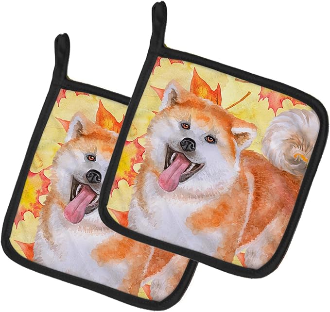 Caroline's Treasures BB9964PTHD Akita Fall Pair of Pot Holders, Yellow Kitchen Heat Resistant Pot Holders Sets Oven Hot Pads for Cooking Baking BBQ, 7 1/2 x 7 1/2