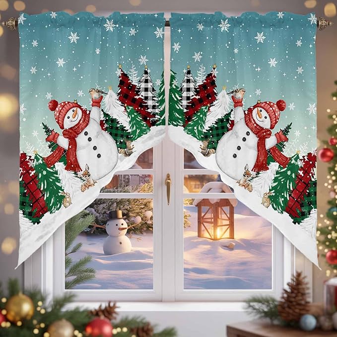 Christmas Snowman Swag Valance Curains Winter Xmas Tree Snowflakes Gradient Green Rod Pocket Kitchen Curtains Scalloped Window Treatment Valances Swag for Living Room Bedroom, 1 Pair, 36"W x 45"L