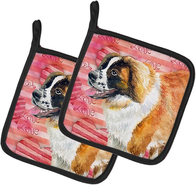 Caroline's Treasures BB9766PTHD Saint Bernard Love Pair of Pot Holders, Red Kitchen Heat Resistant Pot Holders Sets Oven Hot Pads for Cooking Baking BBQ, 7 1/2 x 7 1/2