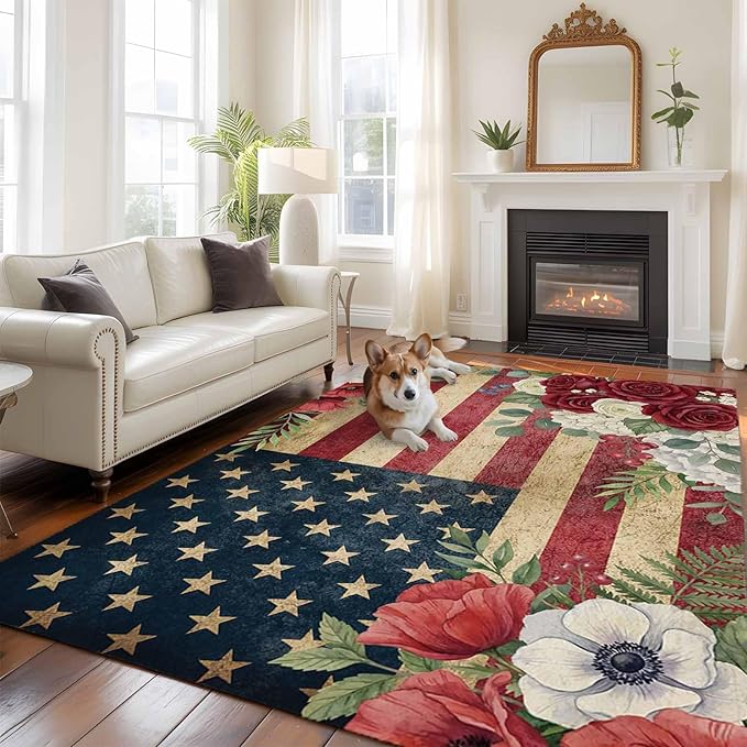 Area Rug 9x12ft, Independence Day 250th Anniversary Washable Rugs for Living Room Bedroom Rectangle Floor Carpet, Vintage USA Flag Floral Soft Non-Slip Area Rugs for Dining Room