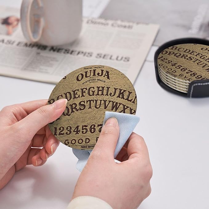 Ouija Board Leather Drinks Coasters with Holder, Set of 6, Suitable for Various Cups