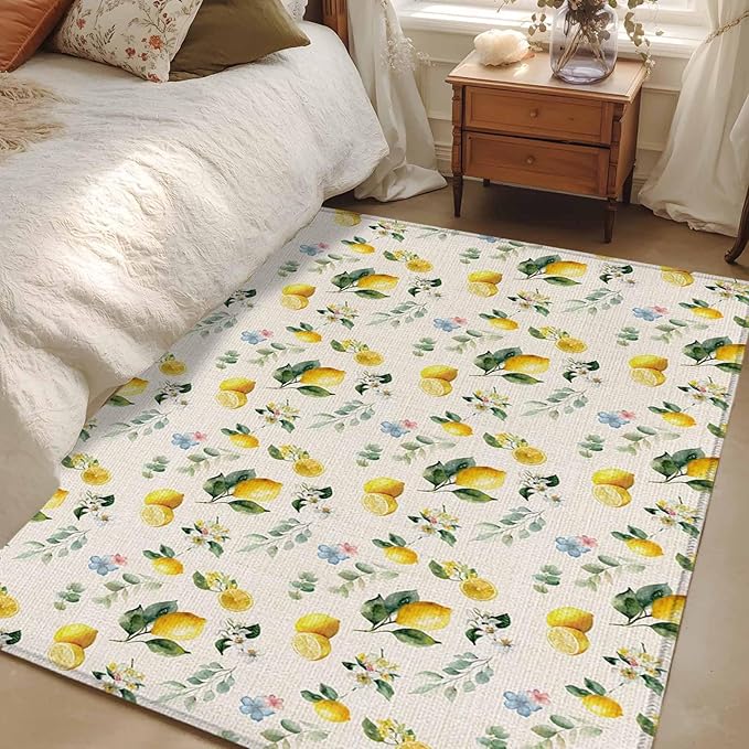 Area Rug 4x6ft, Country Lemon Flower Leaf Washable Rugs for Living Room Bedroom, Pastoral Fruit Plant Vintage Linen Soft Non-Slip Area Rugs Rectangle Floor Carpet for Dining Room