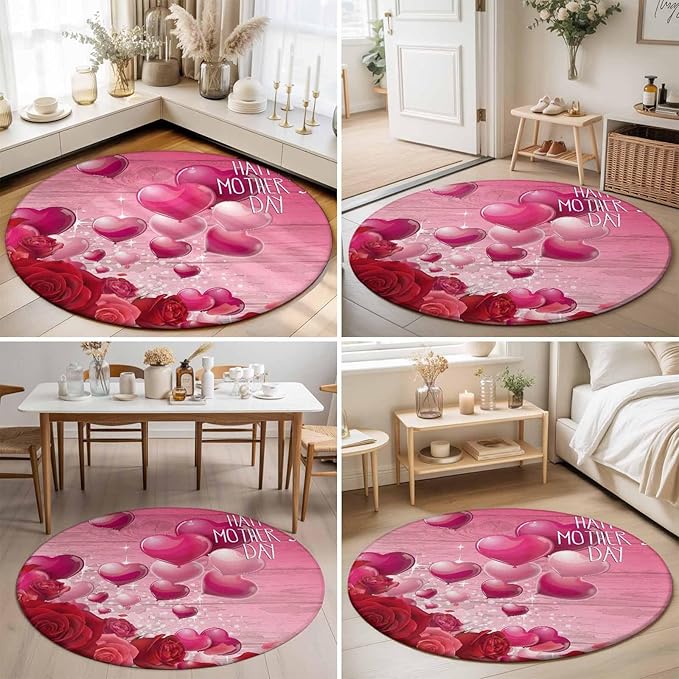 Washable Round Area Rug Mother's Day Love Balloon Rose Circle Rugs Floor Carpet for Living Room Bedroom, Gradient Pink Wood Grain Soft Non Slip Round Rug 3ft