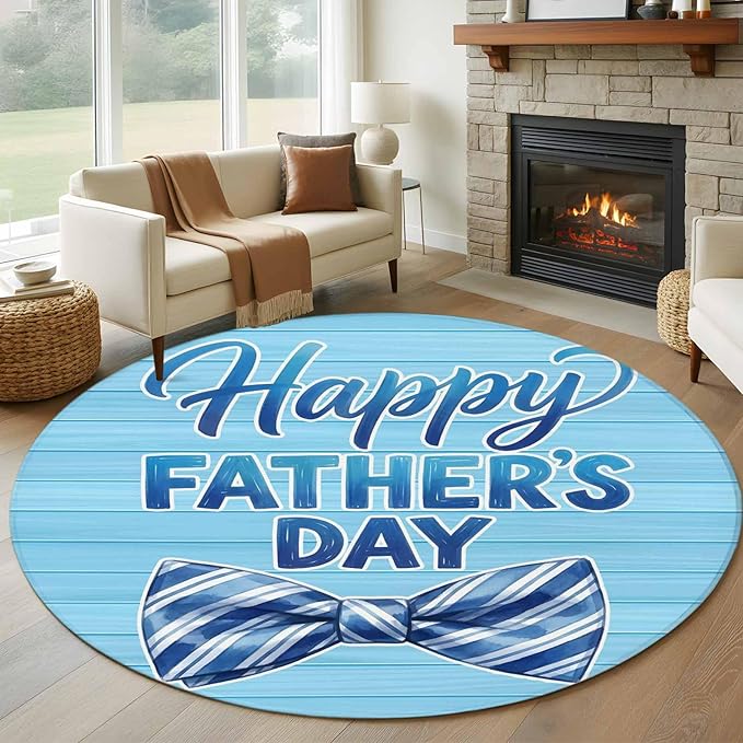 Washable Round Area Rug Father's Day Vintage Plank Circle Rugs Floor Carpet for Living Room Bedroom, Cartoon Blue Stripes Bow Soft Non Slip Round Rug 5ft