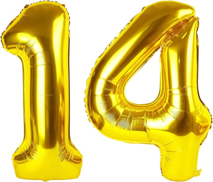 Number 14 Balloon, 40 Inch Number Balloons, Gold Baloon Number for 14th Girl Boy Birthday Celebration Party Supplies
