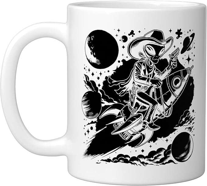Alien Lover Flying Saucer UFO Extraterrestrial Cowboy Ceramic Mug, White