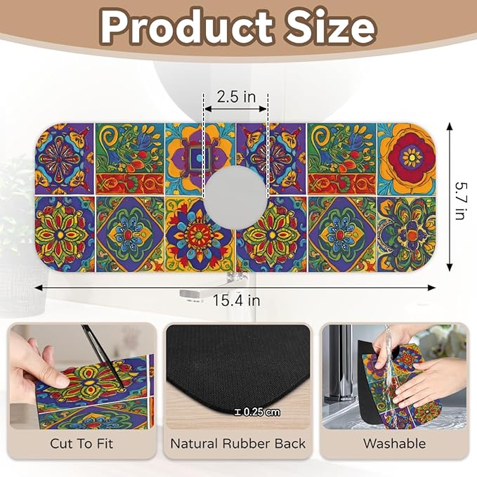 Bohemian Absorbent Sink Faucet Mat, ﻿Mexican Tiles Kitchen Faucet Mat, Sink Splash Guard, for Bathroom Kitchen Sink Splash Guard Drying Mat, Exotic Home Decor, 15.4"x5.7"