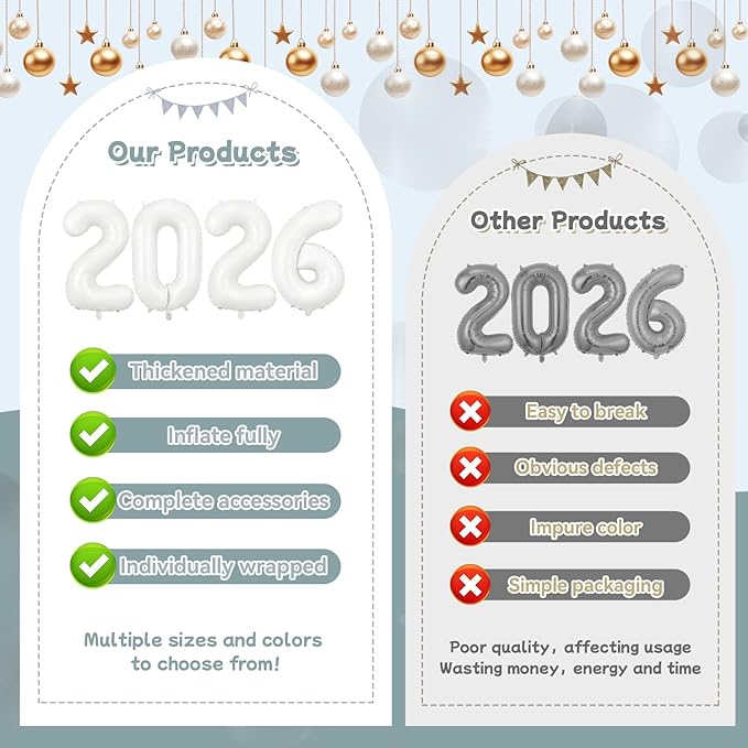 White 2026 Balloons, Jumbo 40 Inch Foil 2026 Number Balloons, Grad Balloons for Class of 2026 Graduation Party, White Matellic Foil New Year Birthday Home Office Party Supplies