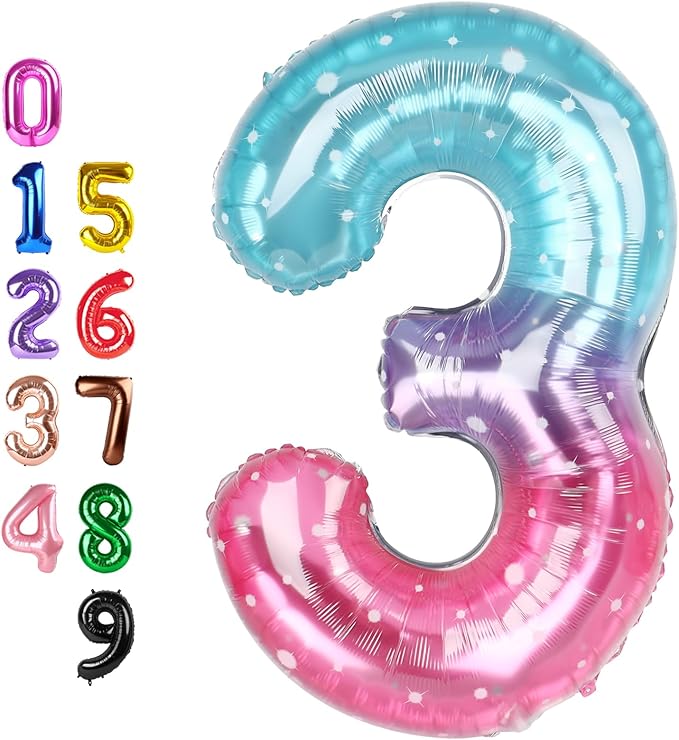40 Inch Numbers Balloon, Happy Birthday Balloon for 3th Girls Boys Babies, Number Balloons for 3, 13, 23, 30 Singles Wedding Anniversaries Party, Blue and Pink