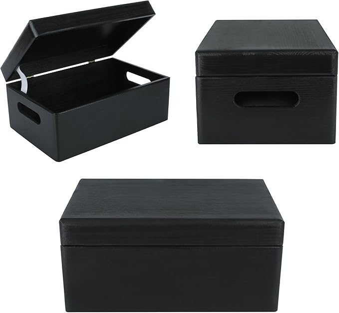 Creative Deco Large Black Wooden Box Storage with Hinged Lid | 11.8x7.87x5.51in (+-0.5) | Keepsake with Handles | Gift Box for Tool Dog Toy Shoes Kitchen Storage | Wood Keepsake Chest Trunk
