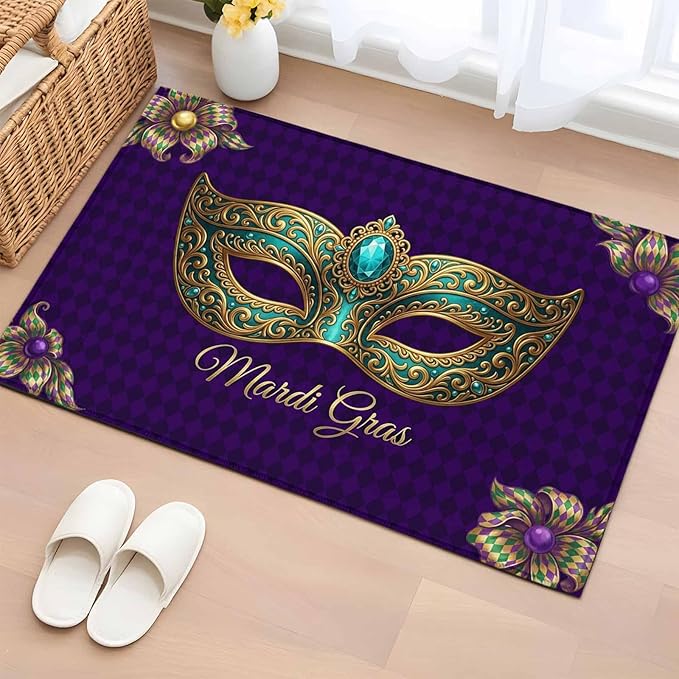 Area Rug 2x3ft, Mardi Gras Mask Purple Plaid Washable Rugs for Living Room Bedroom, Abstract Blossom Floral Soft Non-Slip Area Rugs Rectangle Floor Carpet for Dining Room