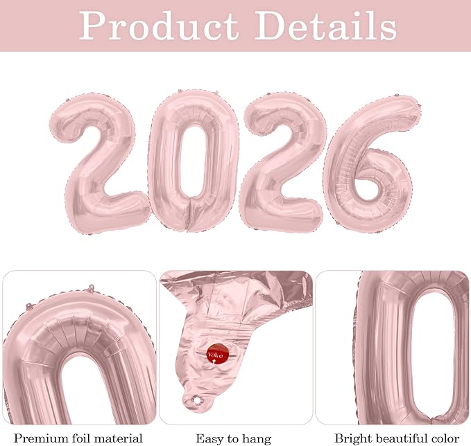 Rose Gold 2026 Balloons, 2026 Number Balloons, 40 Inch Large Foil Graduation Balloon 2026 Numbers for Graduation Decorations Class of 2026, Birthday, Anniversary, New Year Eve Party Decorations