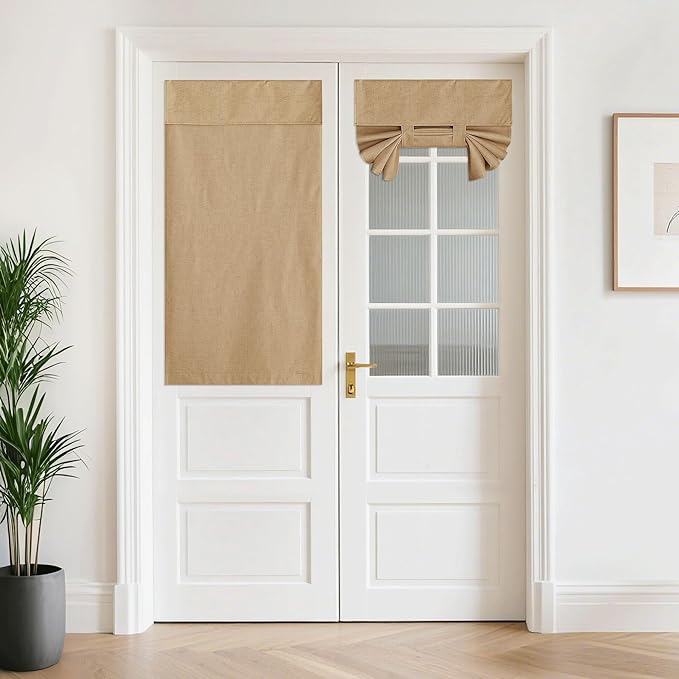 NICETOWN Door Curtains for Window, Linen Farmhouse 100% Blackout Thermal Insulated Door Blinds for Kitchen French Front Window, W26 x L64 inch, 1 Panel, Camel