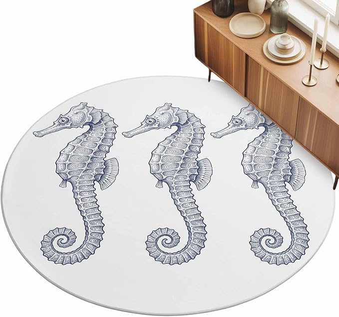 Washable Round Area Rug Summer Light Blue Seahorse Circle Rugs Floor Carpet for Living Room Bedroom, Underwater Ocean Animals Soft Non Slip Round Rug 5ft