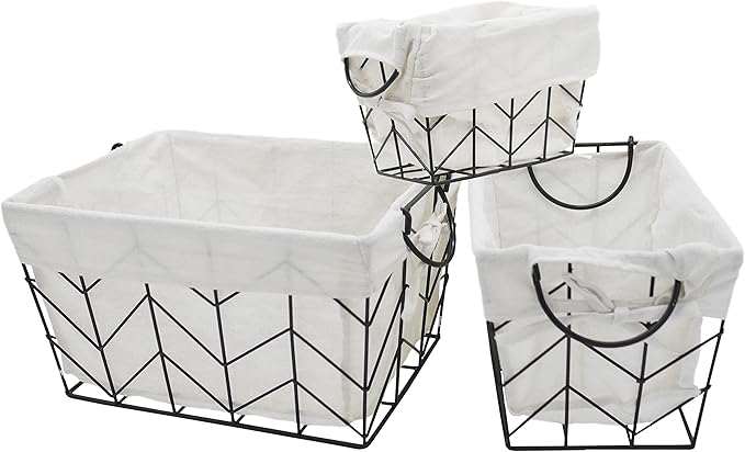 Admired by Nature Metal Wire Storage Basket with Soft Fabric Liners - Set of 3 Sizes Decorative Nesting Basket Crates for Home, Kitchen, Bathroom, Classroom Decor (S, M, L)