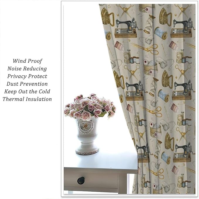 Sewing Theme Curtain,Sewing Machine Pattern for Girls Teens Women Adult Window Treatment Curtains for Bedroom Cafe Dining Room Office Living Room Kitchen Drapes, 52x96 in