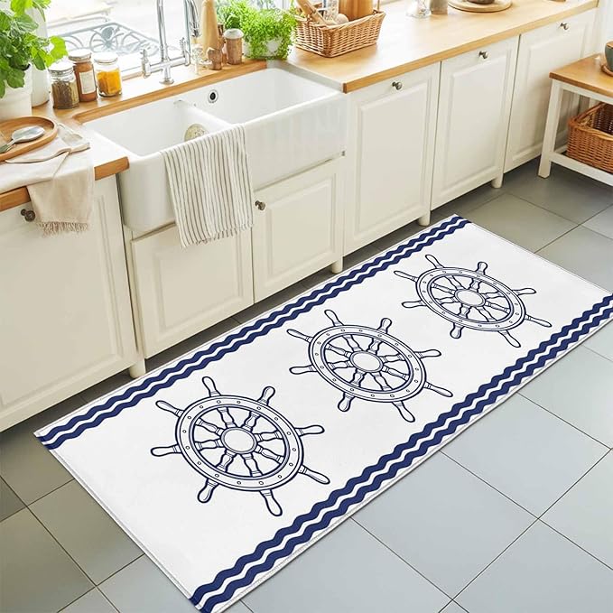 Runner Rug for Bedroom Hallway, Summer Marine Nautical Ship Rudder Kitchen Runner Rugs Area Rug 2x6ft, Ocean Theme Navy Blue White Washable Soft Floor Carpet for Entryway Stair