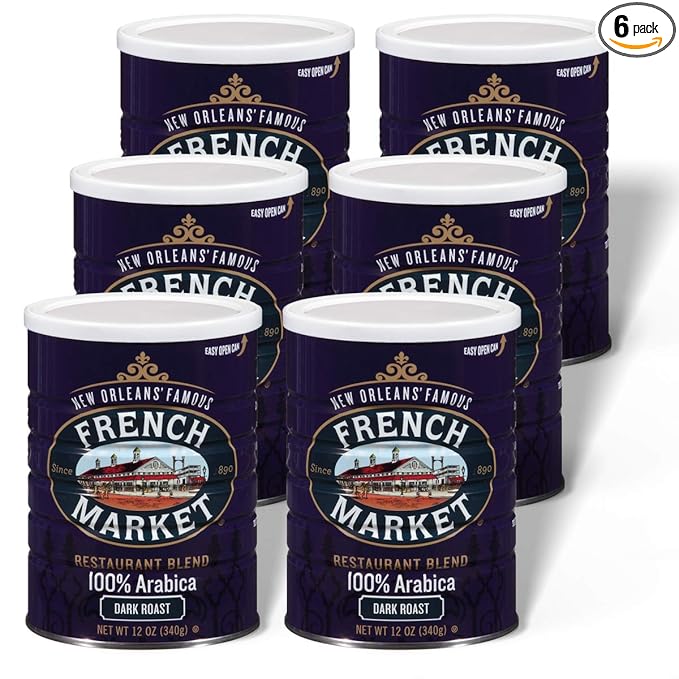 French Market Coffee, Restaurant Blend, Dark Roast Ground Coffee, 12 Ounce Metal Can (Pack of 6)