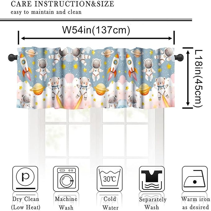 Cartoon Space Valance, Kids Cute Bear Astronaut Pink Clouds Rocket Short Window Treatment for Kitchen Dining Room Bedroom Nursery, 54x18Inch