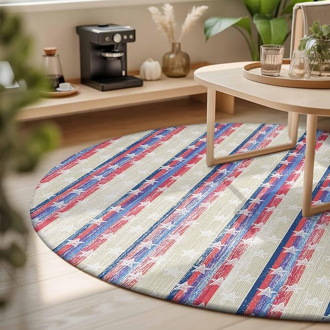 Washable Round Area Rug American Star Stripe Circle Rugs Floor Carpet for Living Room Bedroom, Retro Independence Day Theme Soft Non Slip Round Rug 3ft
