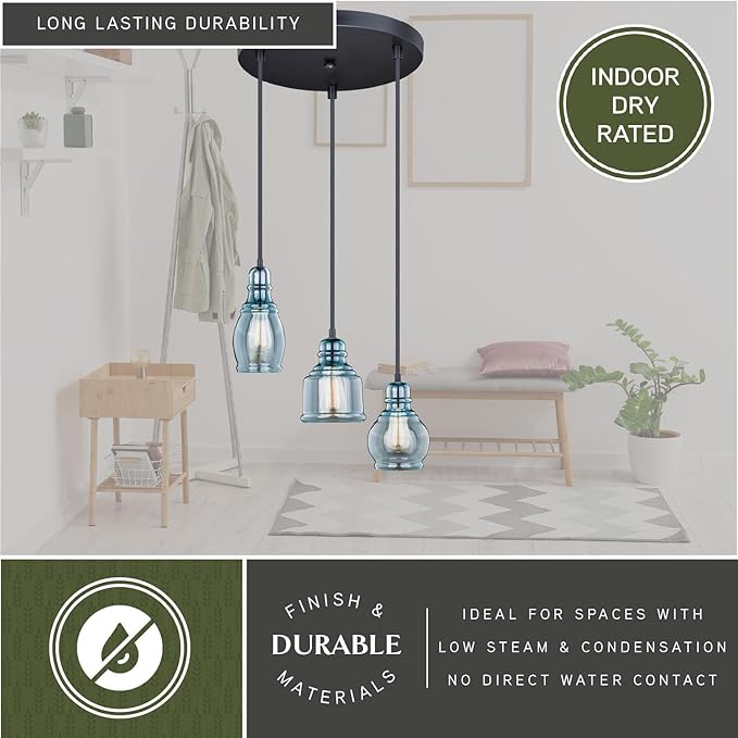 VAXCEL Millie 3L Bronze Farmhouse Jar Pendant Chandelier Ceiling Light Fixture Blue Glass