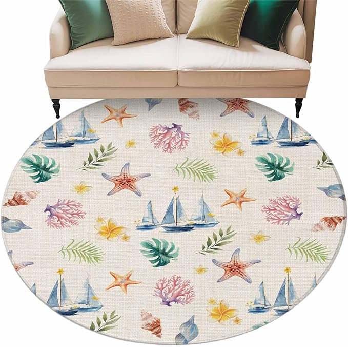 Washable Round Area Rug Summer Sea Starfish Sailboat Circle Rugs Floor Carpet for Living Room Bedroom, Marine Life Coral on Linen Soft Non Slip Round Rug 5ft