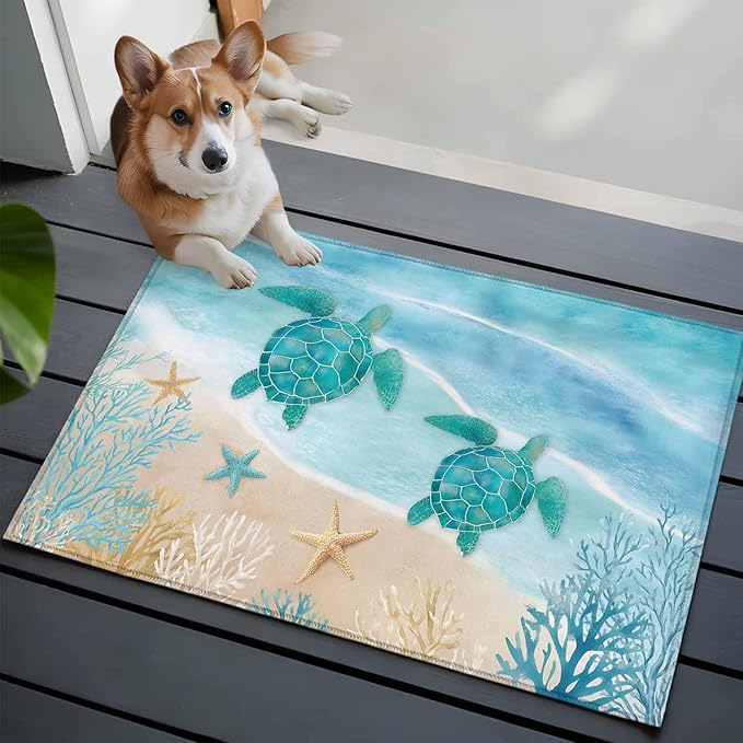 Area Rug 2x3ft, Sea Turtle Starfish Coral Washable Rugs for Living Room Bedroom, Summer Seaside Ocean Life Soft Non-Slip Area Rugs Rectangle Floor Carpet for Dining Room
