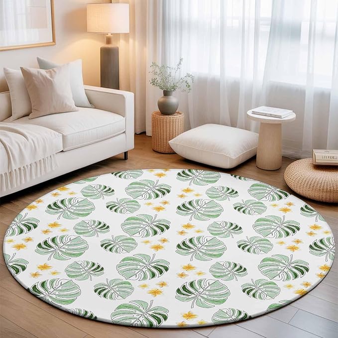 Washable Round Area Rug Summer Palm Leaves Pattern Circle Rugs Floor Carpet for Living Room Bedroom, Scattered Starburst Flowers Soft Non Slip Round Rug 5ft