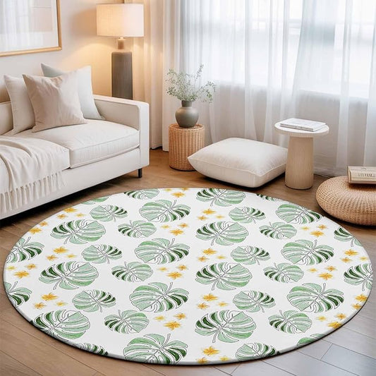 Washable Round Area Rug Summer Palm Leaves Pattern Circle Rugs Floor Carpet for Living Room Bedroom, Scattered Starburst Flowers Soft Non Slip Round Rug 3ft