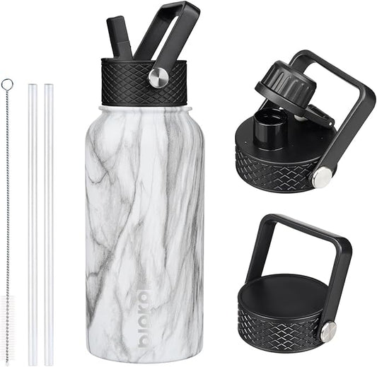 BJPKPK Insulated Water Bottles with Straw Lid, 27oz Stainless Steel Water Bottle with 3 Lids, Leak Proof BPA Free Metal Thermo, Mugs, Tumblers, Keep Cold Hot - White Birch