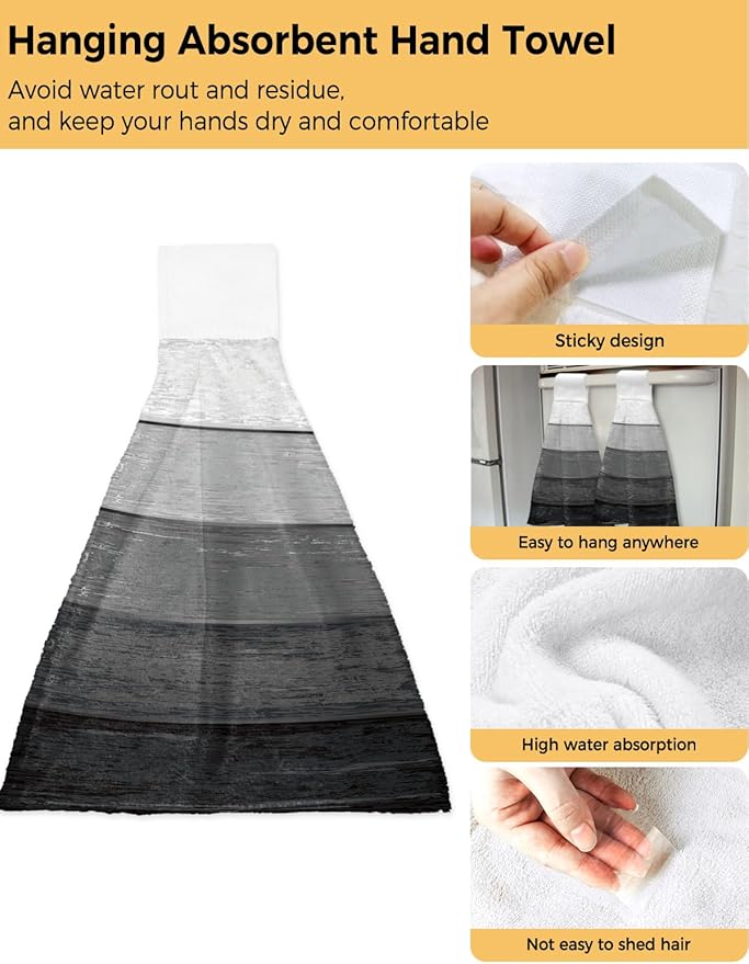 Alandar Home Kitchen Tie Towel Set of 1, Farm Retro Wood Grain Black Gray Absorbent Soft Hand Towels for Bathroom Hanging Towels, Farmhouse Gradient Stripes Fast Drying Cleaning Cloth with Loop