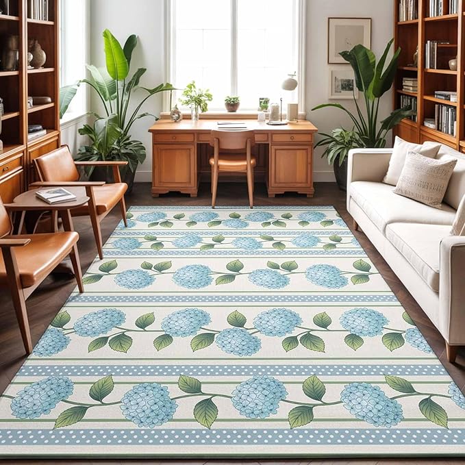 Area Rug 8x10ft, Spring Blue Flower Hydrangea Leaf Washable Rugs for Living Room Bedroom, Floral Stripes on Linen Soft Non-Slip Area Rugs Rectangle Floor Carpet for Dining Room