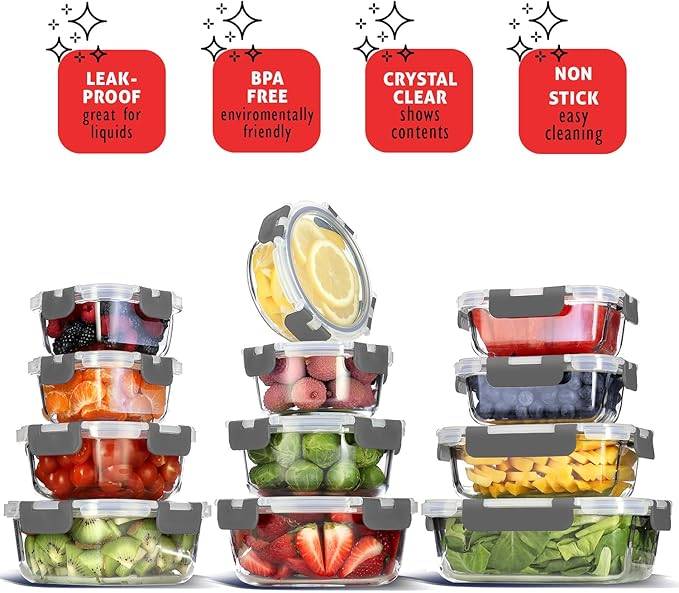 EATEX 48pc Glass Storage Containers with Lids, 24 Glass Food Storage Containers with 24 Airtight Lids for Pantry & Kitchen, Meal Prep Containers for Lunch, Oven Freezer Microwave & Dishwasher Safe