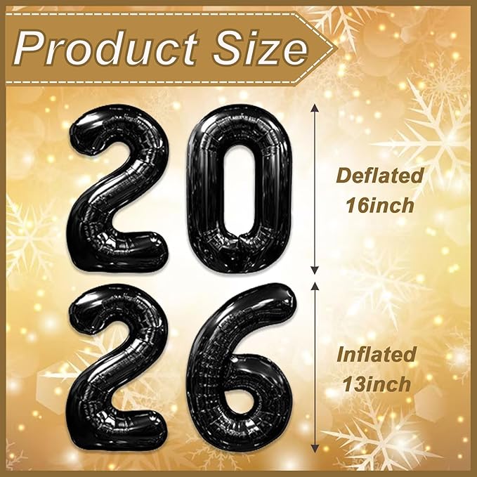 16 Inch 2026 Balloons Black, Number Balloons 16 Inch, New Years Balloons for 2026 New Years Graduation Decorations Home Office Decoration