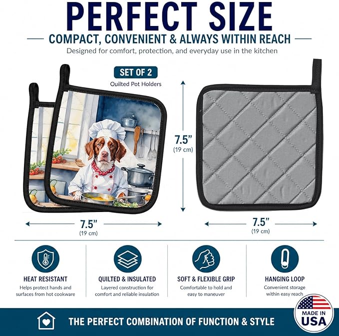 Caroline's Treasures Brittany Spaniel The Chef Pair of Pot Holders Kitchen Heat Resistant Pot Holders Sets Oven Hot Pads for Cooking Baking BBQ, 7 1/2 x 7 1/2