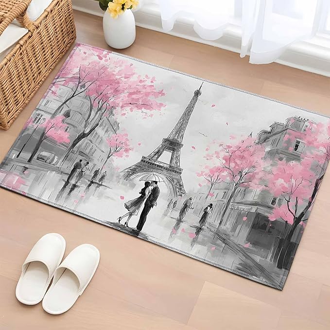 Area Rug 2x3ft, Vintage Towel Couple Pink Flower Washable Rugs for Living Room Bedroom, Watercolor Modern City Scene Soft Non-Slip Area Rugs Rectangle Floor Carpet for Dining Room