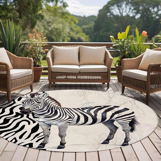 Washable Round Area Rug Zebra Black Stripe Animal Portrait Circle Rugs Floor Carpet for Living Room Bedroom, Vintage Tree Branch Soft Non Slip Round Rug 5ft