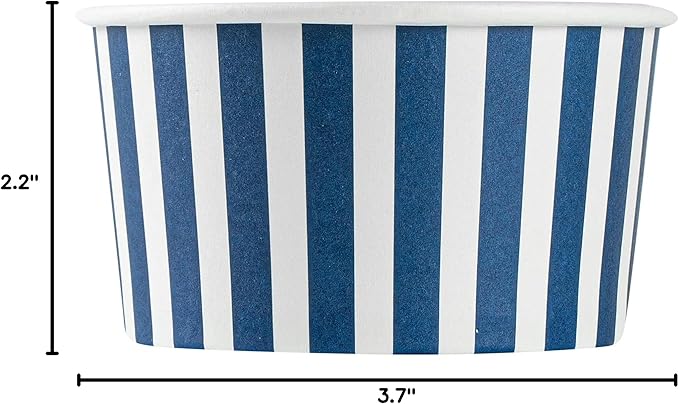 Restaurantware Coppetta 8 Ounce Dessert Cups, 200 Disposable Ice Cream Cups - Lids Sold Separately, Sturdy, Blue And White Paper FroYo Bowls, Striped, For Hot And Cold Foods, Perfect For Gelato