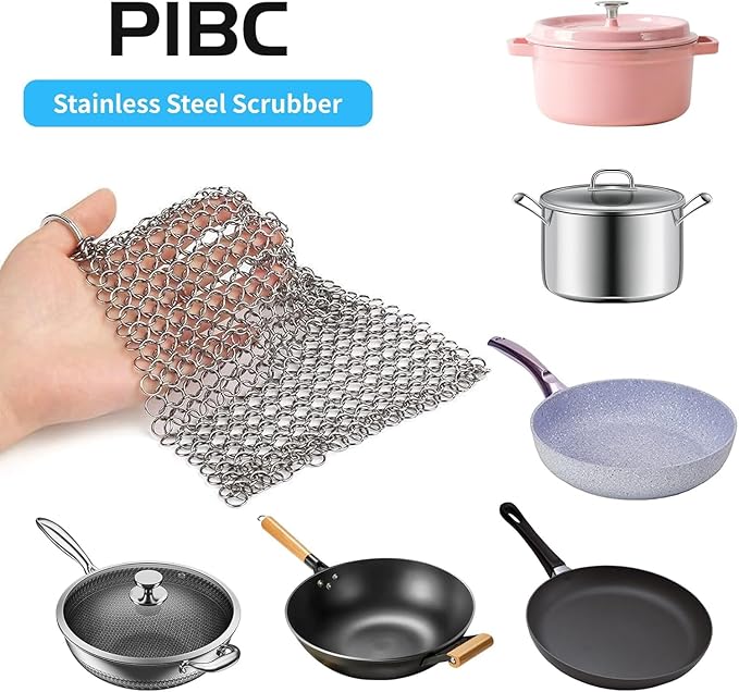 8"x6" Cast Iron Scrubber Stainless Steel Chainmail Cleaner for Pre-Seasoned Pans, Griddles, BBQ Grill and Pot Cookware Cleaning
