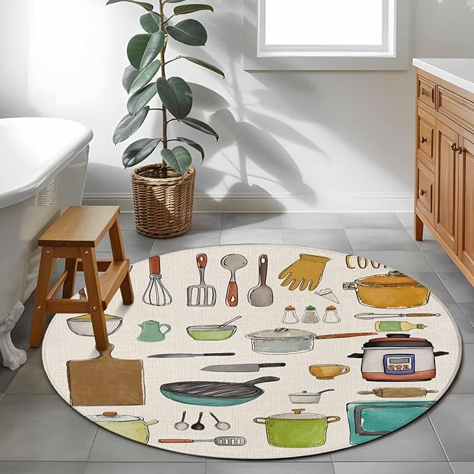 Cooking Kitchenware Kitchen Tool Pattern Round Rugs 4ft for Living Room Washable Circle Rug Non-Slip Carpet Soft Mat for Bedroom Dining Room Bathroom Home Holiday Decorations Indoor