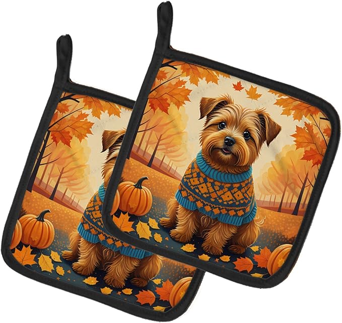 Caroline's Treasures DAC1060PTHD Norfolk Terrier Fall Pair of Pot Holders Kitchen Heat Resistant Pot Holders Sets Oven Hot Pads for Cooking Baking BBQ, 7 1/2 x 7 1/2