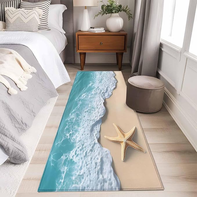 Runner Rug for Bedroom Hallway, Beach Starfish Teal Sea Water Kitchen Runner Rugs Area Rug 2x6ft, Summer Ocean Theme Washable Soft Floor Carpet for Entryway Stair