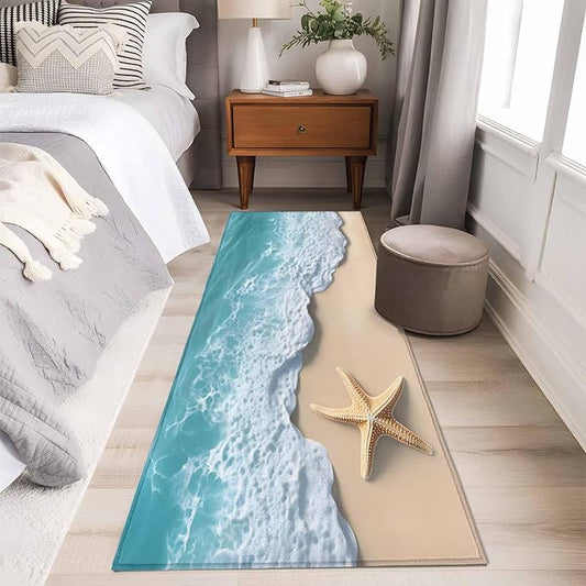 Runner Rug for Bedroom Hallway, Beach Starfish Teal Sea Water Kitchen Runner Rugs Area Rug 2x6ft, Summer Ocean Theme Washable Soft Floor Carpet for Entryway Stair