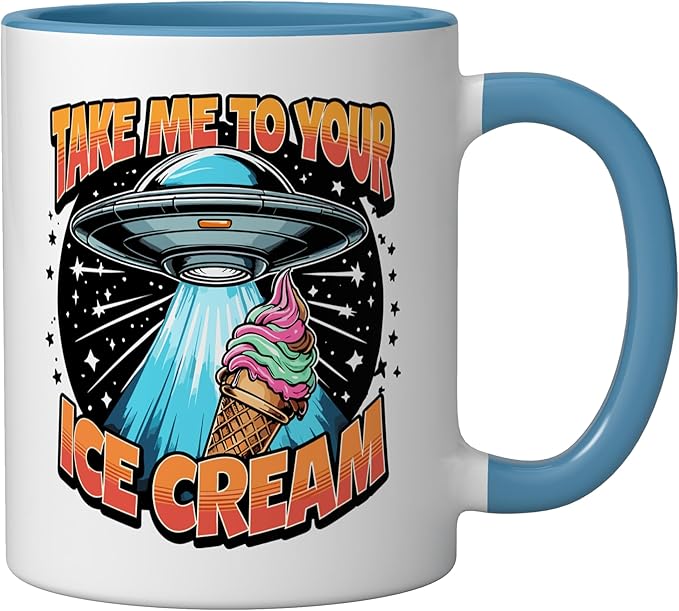 Take Me to Your Ice Creams UFO Abduction Funny Ice Cream Ceramic Mug, Blue/White