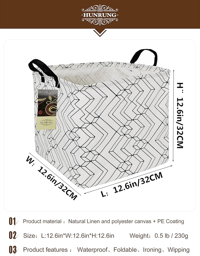 HUNRUNG Square Storage Bins Nursery Hamper Canvas Laundry Basket Foldable with Waterproof Nursery Boxes for Shelves/Gift Baskets/Toy Organizer/Office, Bedroom (Square-black transverse geometry)